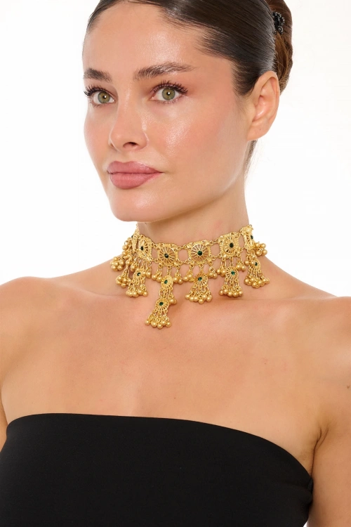 Kiraz Black Crystal Stoned Gold Plated Necklace
