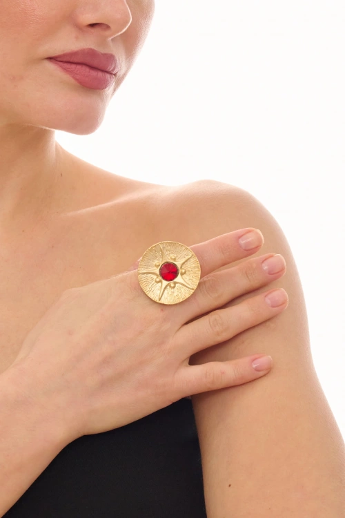 Kiraz Black Crystal Stoned Gold Plated Ring