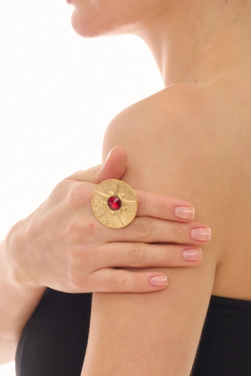 Kiraz Black Crystal Stoned Gold Plated Ring