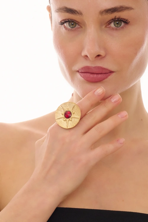 Kiraz Black Crystal Stoned Gold Plated Ring