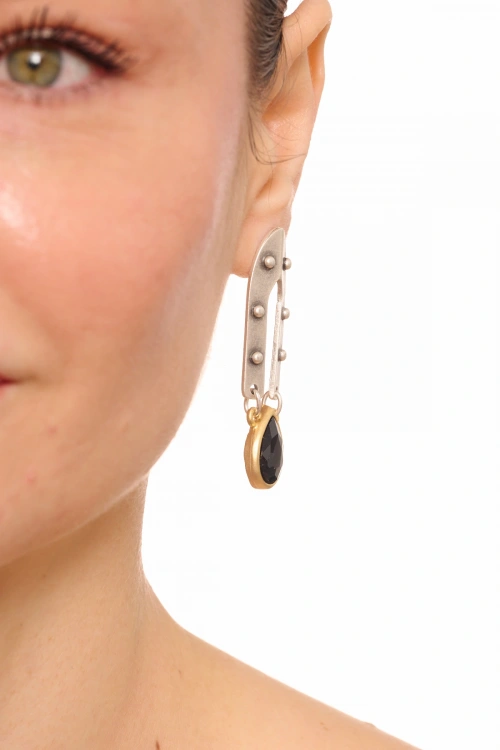 Kiraz Black Crystal Stoned Silver And Gold Plated Earring