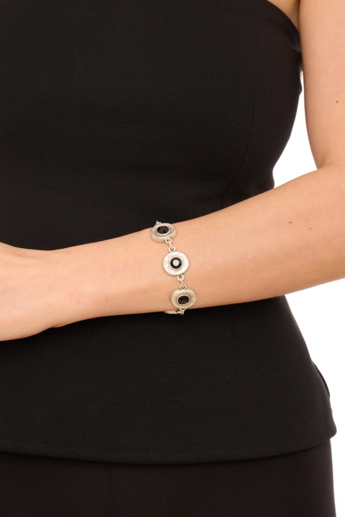 Kiraz Black Crystal Stoned Silver Plated Bracelet