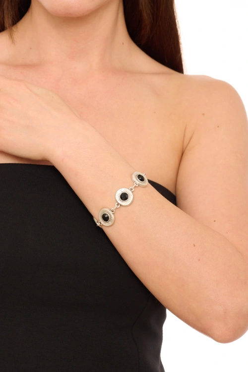Kiraz Black Crystal Stoned Silver Plated Bracelet