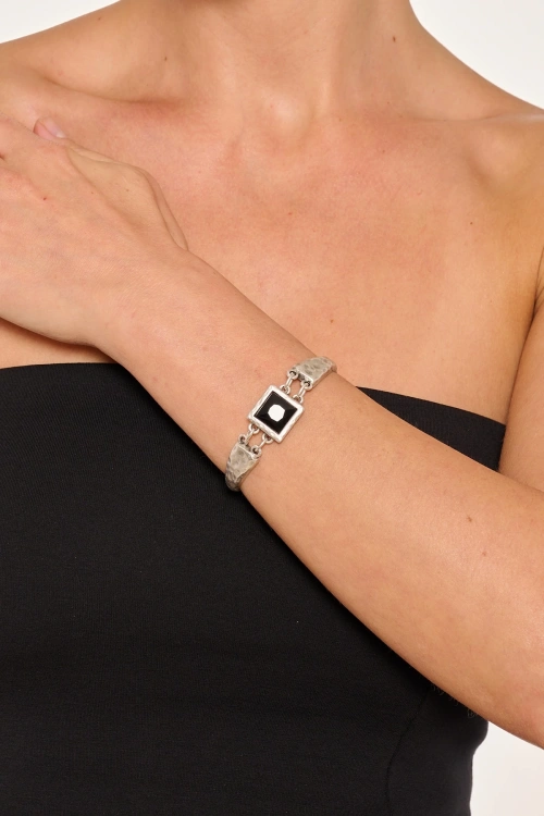 Kiraz Black Crystal Stoned Silver Plated Bracelet