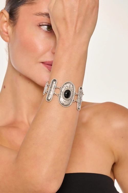 Kiraz Black Crystal Stoned Silver Plated Bracelet