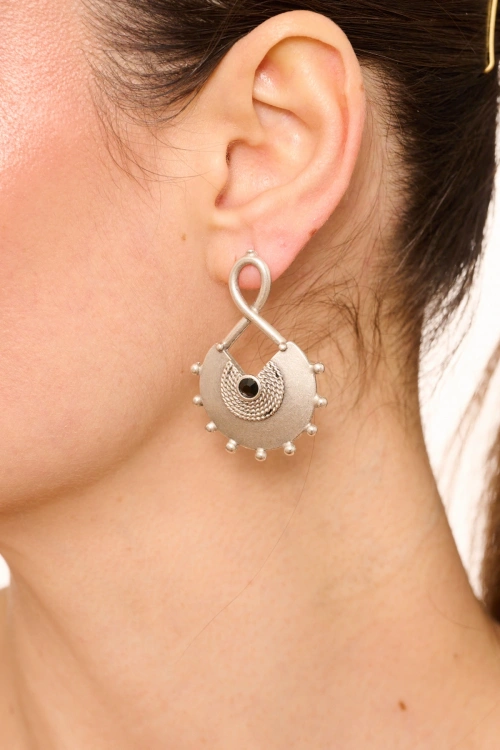 Kiraz Black Crystal Stoned Silver Plated Earring