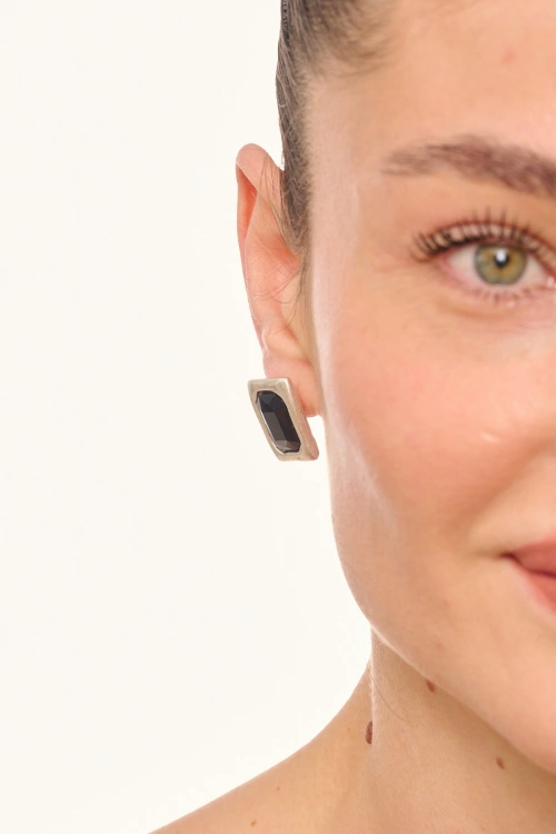 Kiraz Black Crystal Stoned Silver Plated Earring