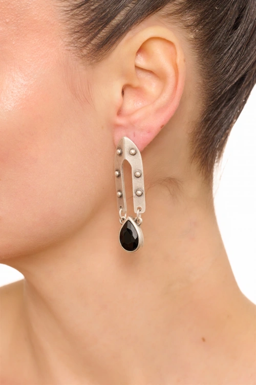 Kiraz Black Crystal Stoned Silver Plated Earring