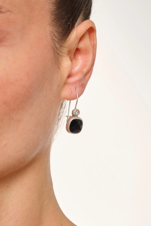 Kiraz Black Crystal Stoned Silver Plated Earring