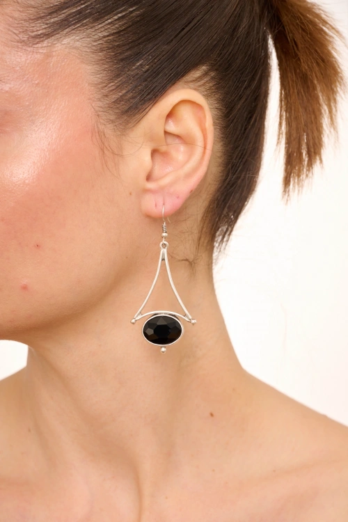 Kiraz Black Crystal Stoned Silver Plated Earring