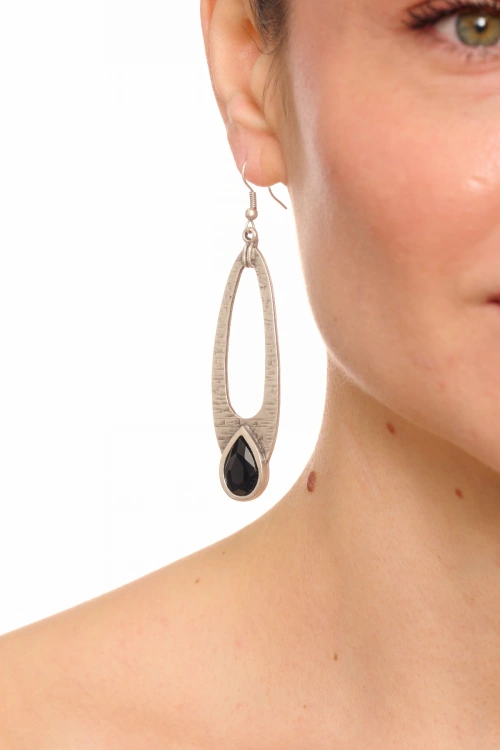 Kiraz Black Crystal Stoned Silver Plated Earring