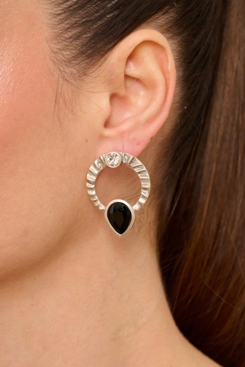 Kiraz Black Crystal Stoned Silver Plated Earring