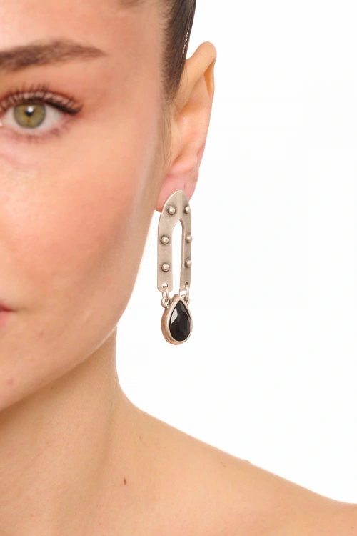 Kiraz Black Crystal Stoned Silver Plated Earring