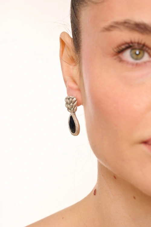 Kiraz Black Crystal Stoned Silver Plated Earring