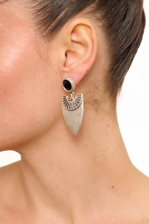 Kiraz Black Crystal Stoned Silver Plated Earring