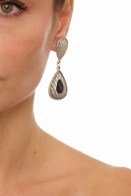 Kiraz Black Crystal Stoned Silver Plated Earring