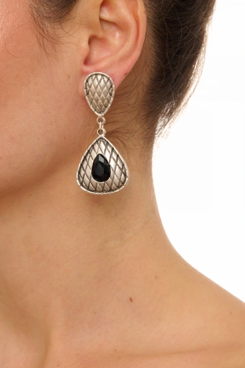 Kiraz Black Crystal Stoned Silver Plated Earring