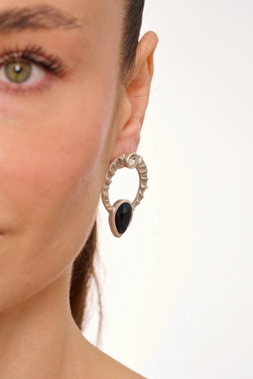 Kiraz Black Crystal Stoned Silver Plated Earring