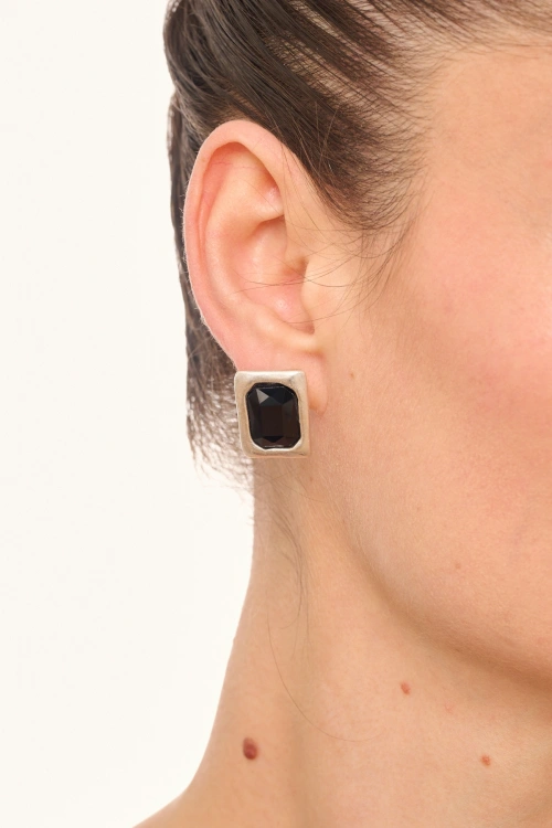 Kiraz Black Crystal Stoned Silver Plated Earring