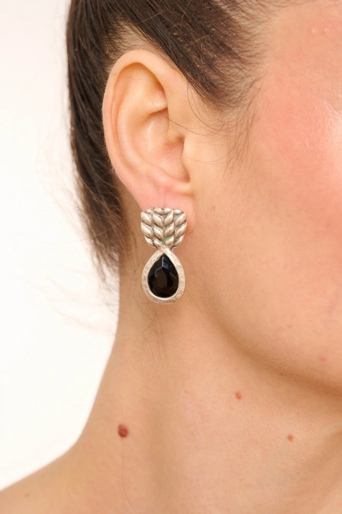 Kiraz Black Crystal Stoned Silver Plated Earring