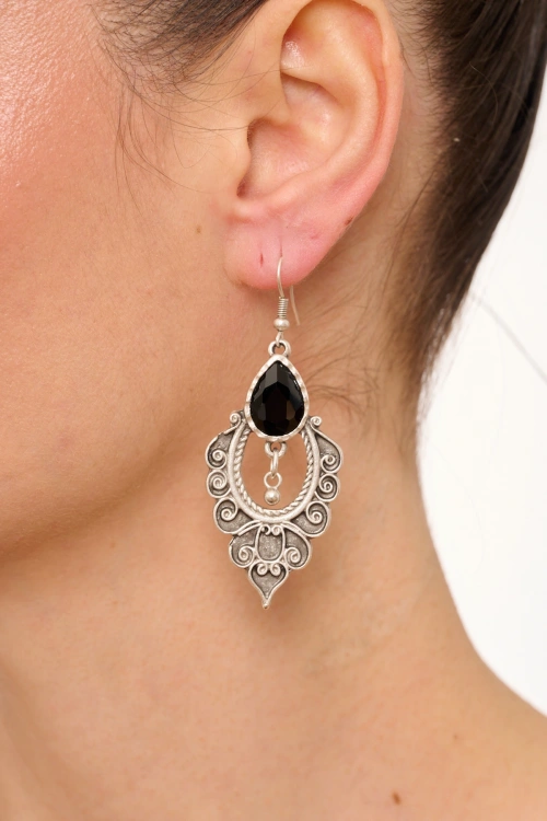 Kiraz Black Crystal Stoned Silver Plated Earring