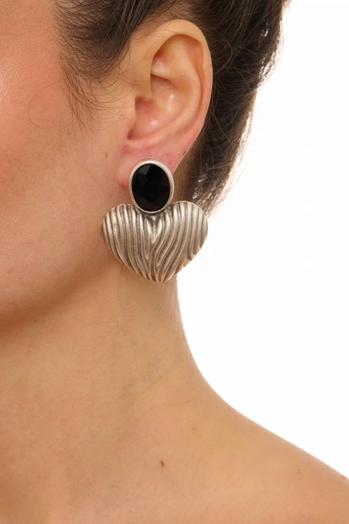 Kiraz Black Crystal Stoned Silver Plated Heart Earring