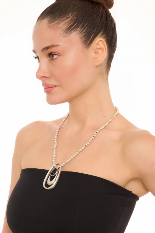 Kiraz Black Crystal Stoned Silver Plated Necklace