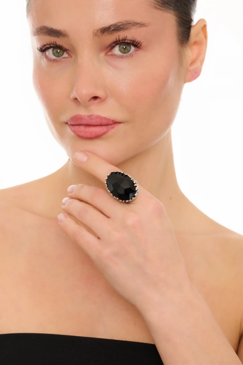 Kiraz Black Crystal Stoned Silver Plated Ring