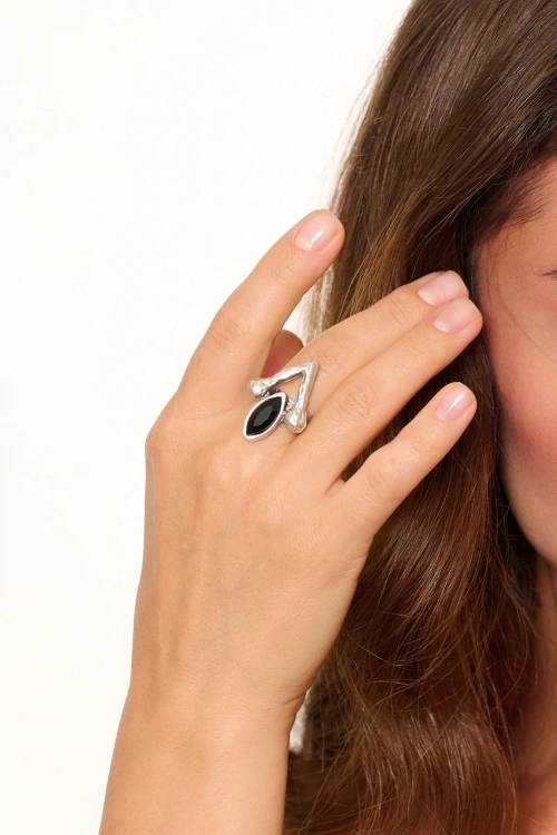 Kiraz Black Crystal Stoned Silver Plated Ring