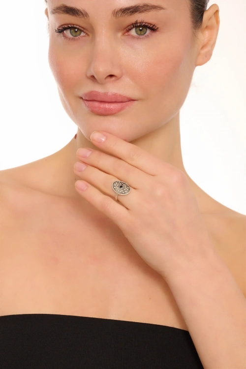 Kiraz Black Crystal Stoned Silver Plated Ring