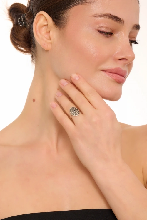 Kiraz Black Crystal Stoned Silver Plated Ring