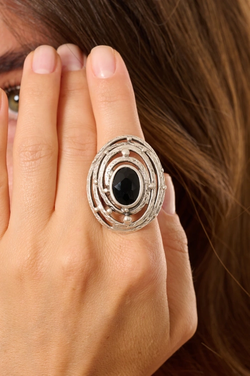 Kiraz Black Crystal Stoned Silver Plated Ring