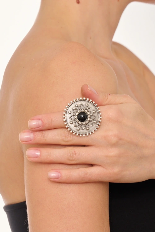 Kiraz Black Crystal Stoned Silver Plated Ring