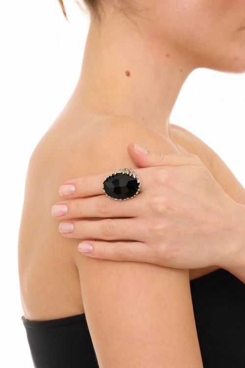 Kiraz Black Crystal Stoned Silver Plated Ring