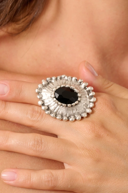 Kiraz Black Crystal Stoned Silver Plated Ring