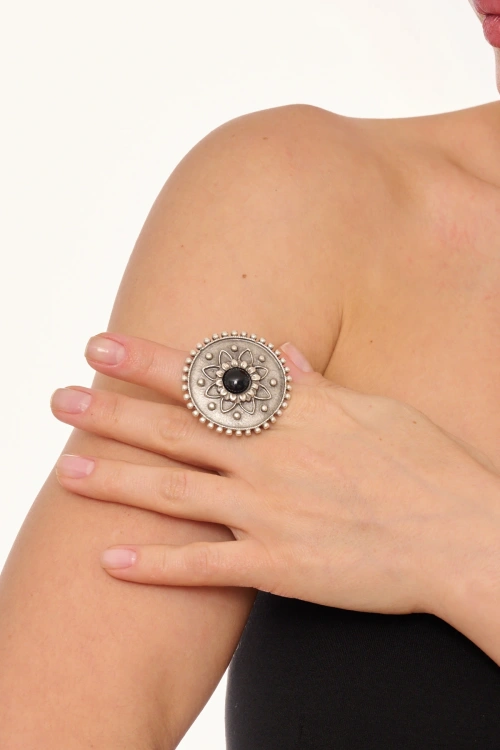 Kiraz Black Crystal Stoned Silver Plated Ring