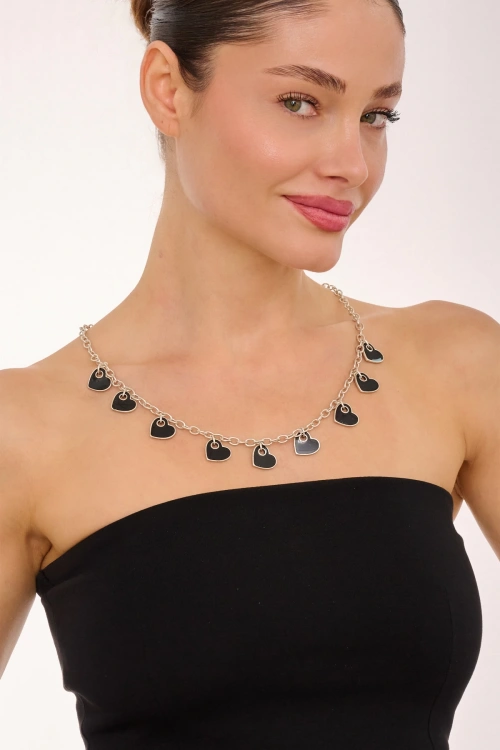Kiraz Black Enemaled Silver Plated Heart Necklace