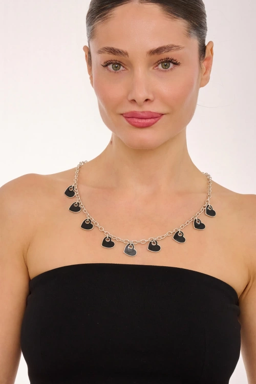 Kiraz Black Enemaled Silver Plated Heart Necklace