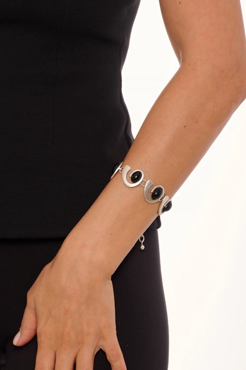 Kiraz Black Stoned Silver Plated Bracelet