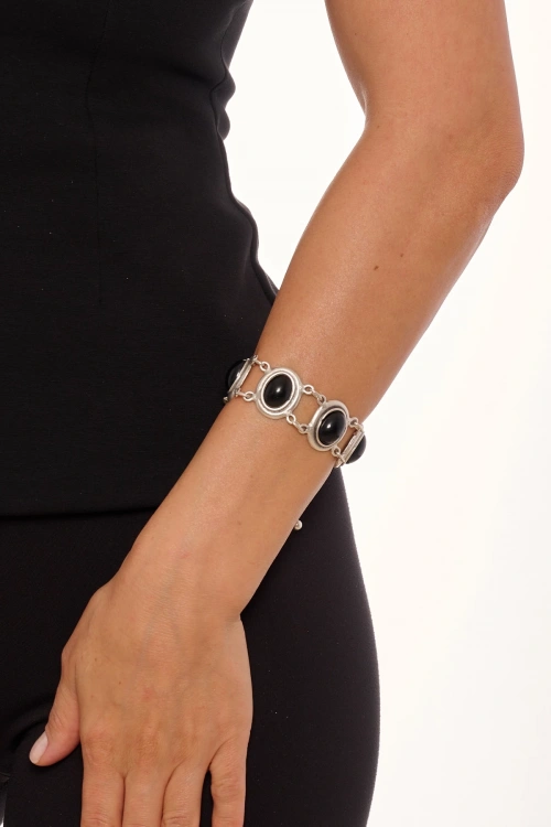 Kiraz Black Stoned Silver Plated Bracelet