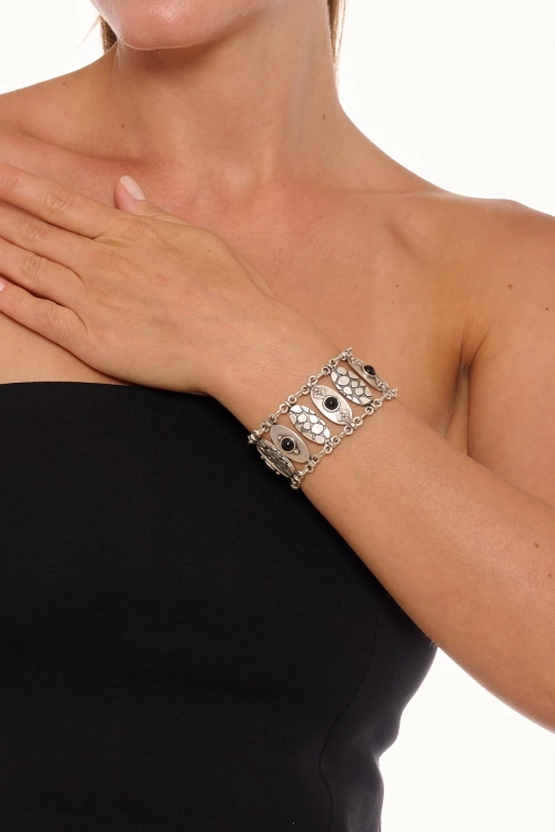 Kiraz Black Stoned Silver Plated Bracelet