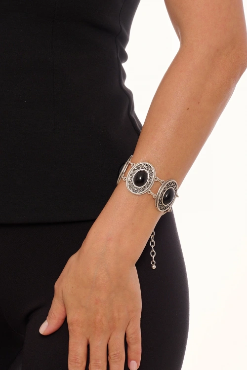 Kiraz Black Stoned Silver Plated Bracelet