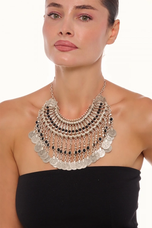 Kiraz Black Stoned Cleopatra Silver Plated Necklace
