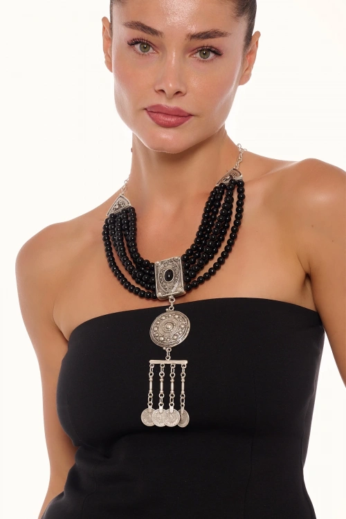 Kiraz Black Stoned Silver Plated Necklace
