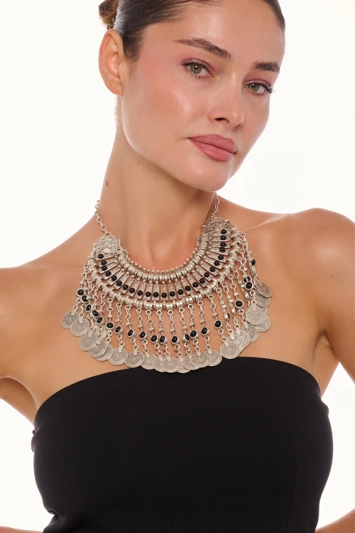 Kiraz Black Stoned Cleopatra Silver Plated Necklace