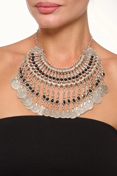 Kiraz Black Stoned Cleopatra Silver Plated Necklace