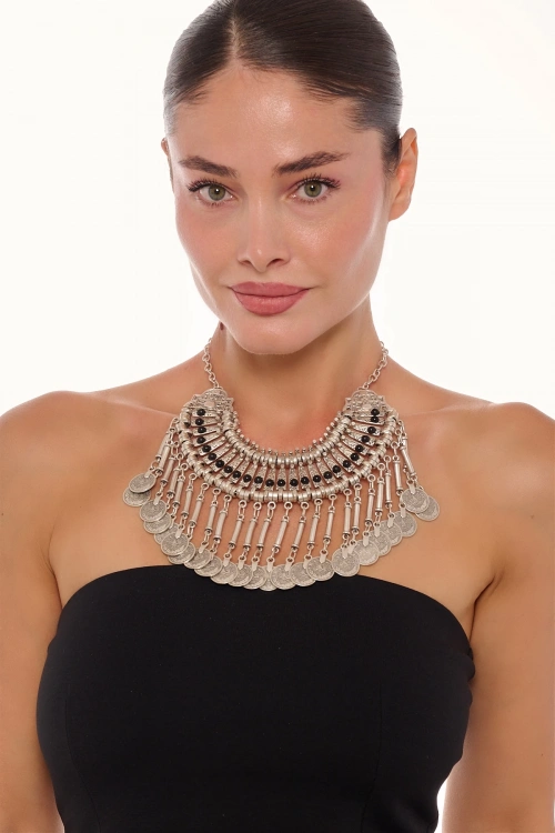 Kiraz Black Stoned Cleopatra Silver Plated Necklace