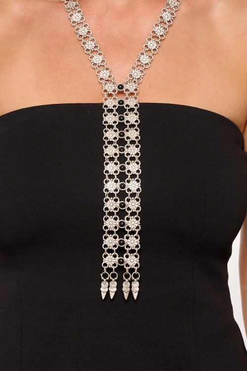 Kiraz Tie Black Stoned Silver Plated Necklace