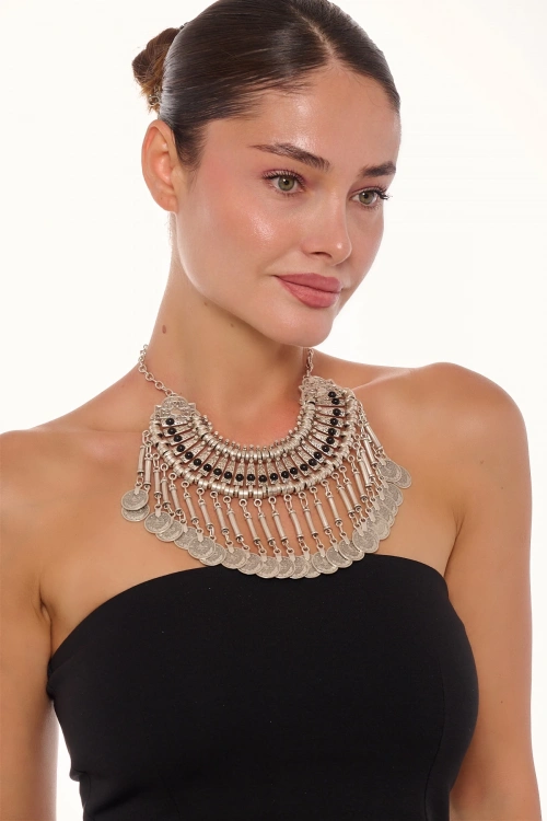 Kiraz Black Stoned Cleopatra Silver Plated Necklace