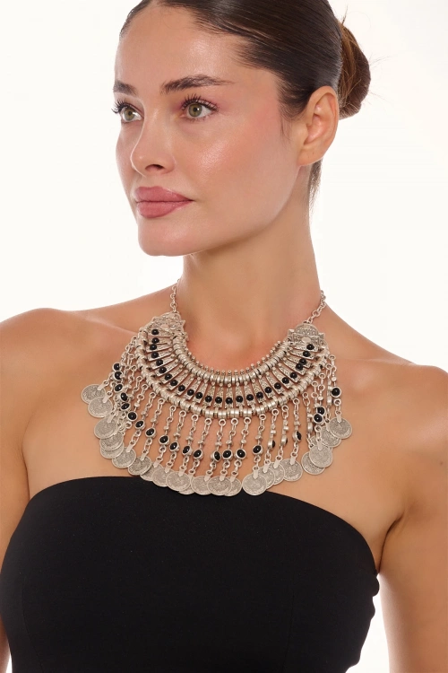 Kiraz Black Stoned Cleopatra Silver Plated Necklace